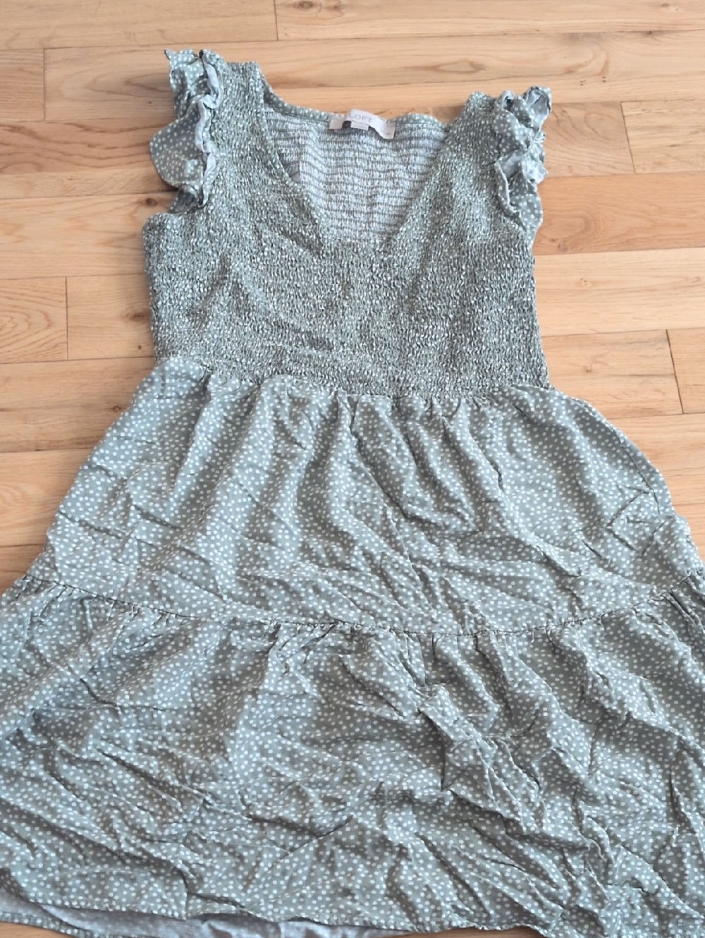 LOFT Sage Green Polka Dot Smocked V-Neck Dress